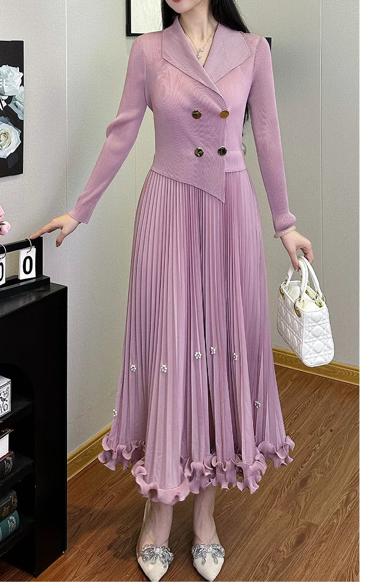 EGRM Miyake Pleated Long Dress Autumn Hot Sale Women's Double Breasted Waist Cinching Slimming High-end Stylish Versatile Skirt