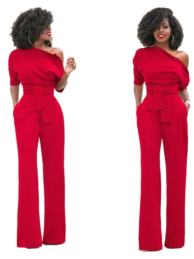 High Quality 2025 Spring Women's Casual Jumpsuits One Shoulder Slash Neck Button Romper Full Length Jumpsuit Wide Legs Jumpsuit