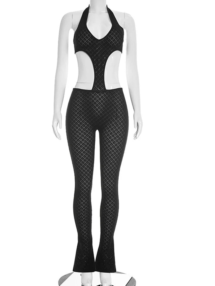 Beyprern Sexy Women's Black Knitted Bandage Skinny Jumpsuit New Ladies Halter Hollow Out One Pieces Rompers Clubwear Outfits