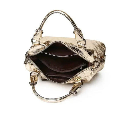 Real Leather Shiny Tote Handbags For Women Fashion Genuine Cowhide Leather Metallic Lady Bags With Shiny Embossed Coating
