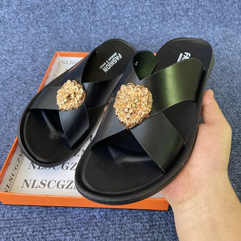 size38-48 original shoes brand summer leather slides for man black brown fashion shoes for mens slippers business beach slippers