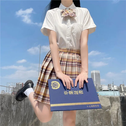 New Japanese School Uniform Korean Student Jk Seifuku Blouse Pleated Skirt Tie Full Set Girl Plaid Skirt Pink Uniforms For Woman
