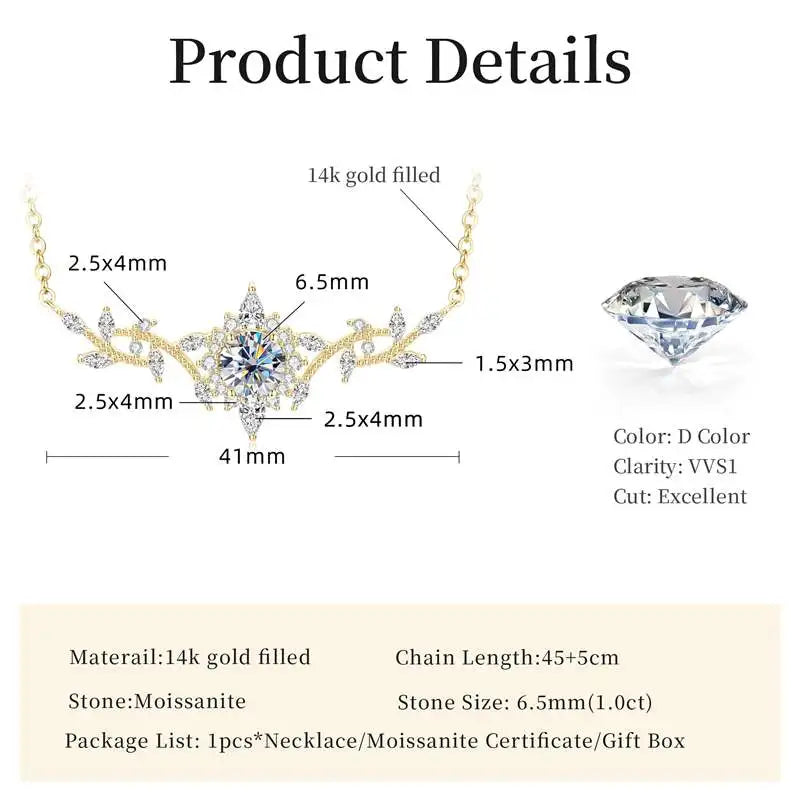 Lnngy Certificated Moissanite Necklace 14K Gold Filled Sophisticated Floral Leaf Pendant Necklaces for Women Wedding Jewelry