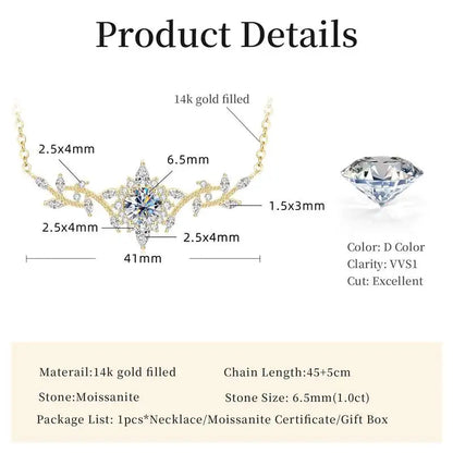 Lnngy Certificated Moissanite Necklace 14K Gold Filled Sophisticated Floral Leaf Pendant Necklaces for Women Wedding Jewelry