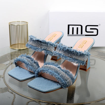 Denim women slippers 2025 new rhinestone plush stiletto heels women outdoor fashion women's slippers Luxury elegant women shoes