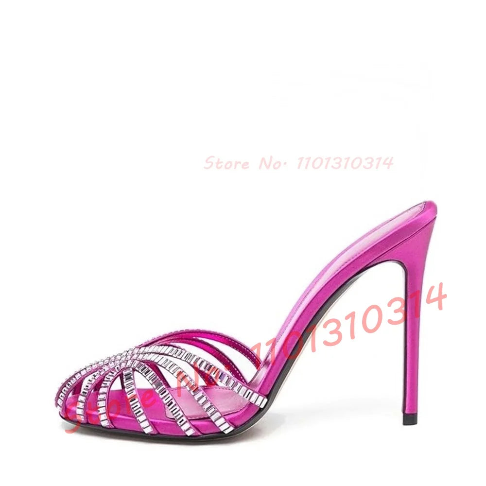 Gemstone High Heel Silk Slippers Women Luxury Caged Stiletto Heels Metallic Slippers Ladies Stylish Cross Strap Summer Shoes