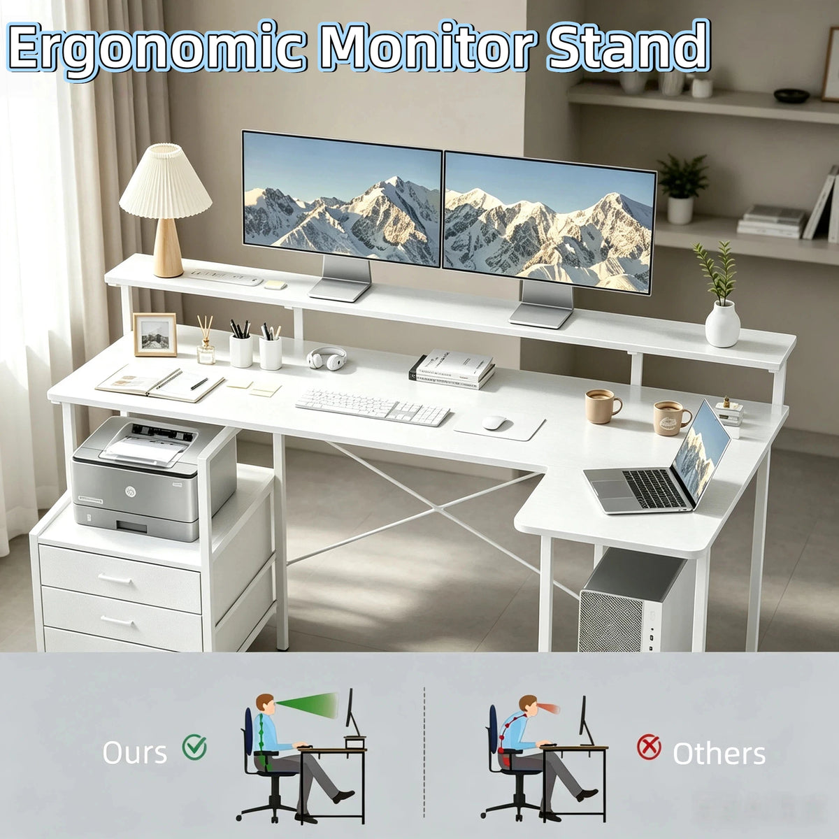 Ergonomic Computer Desk with Monitor Stand, RGB LED Gaming Desk, Featuring a Built-in Charging Station, Power Outlets, and USB Ports, Complete with Storage Drawers and a Fold-Out Side Table; Ideal for Home Offices and Gaming