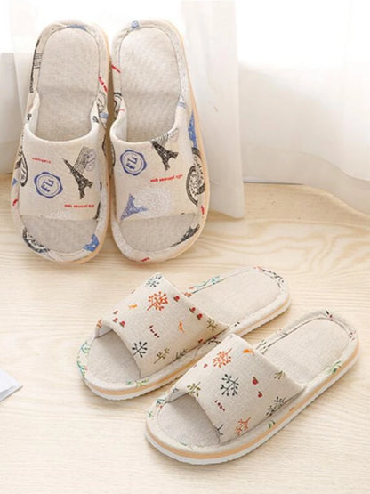 Four Season Linen Home Slippers Women Autumn Indoor Casual Floral Slides Couples House Non-slip Sandals Adults Cartoon Cat Shoes