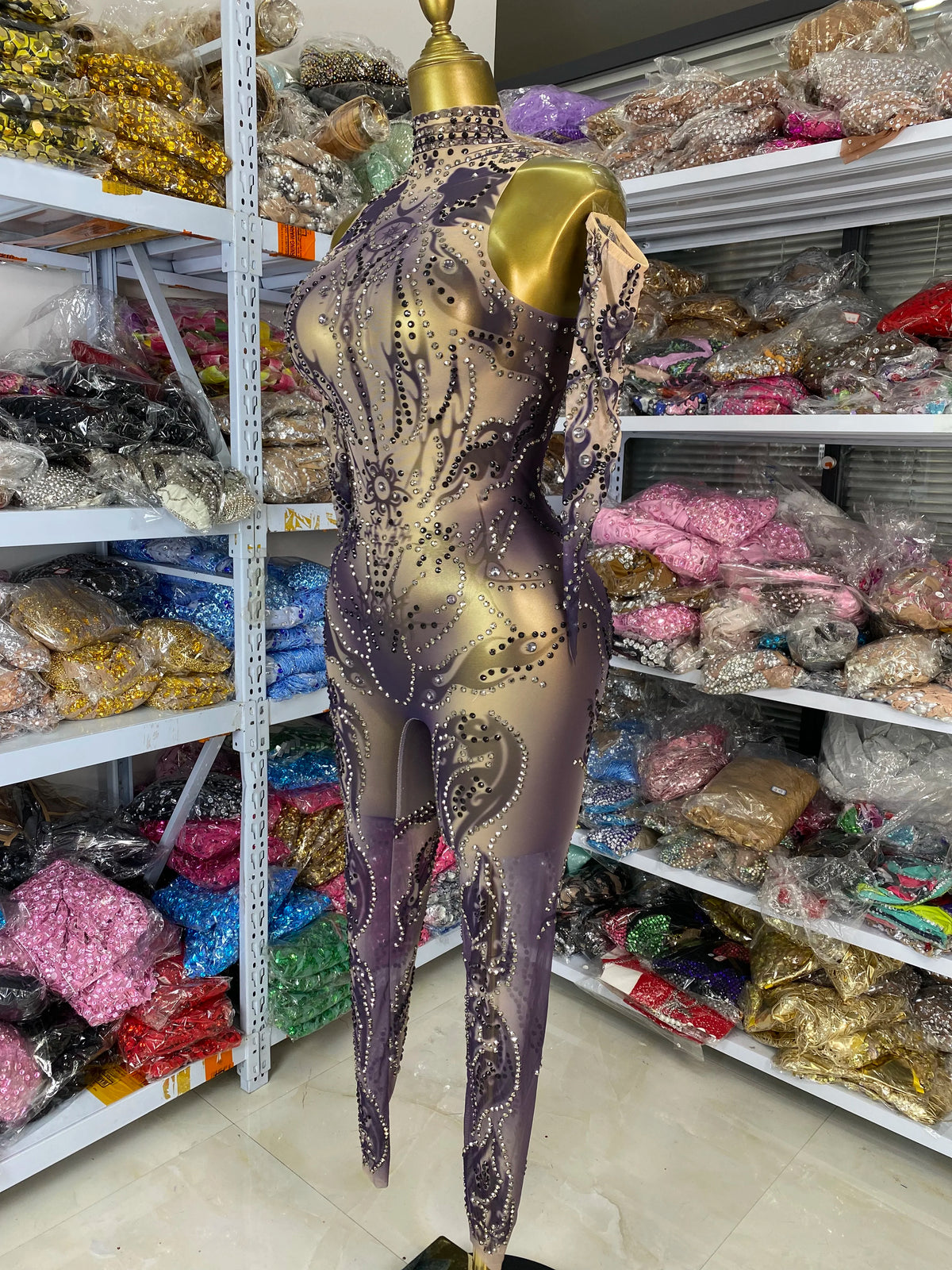 Sparkly Rhinestones Printed Mesh Bodycon Green Jumpsuits With Sleeves See Through Masquerade Costume Dress Night Club DJ Gogo