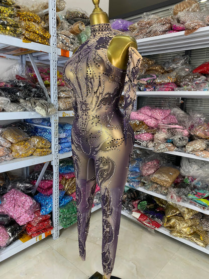 Sparkly Rhinestones Printed Mesh Bodycon Green Jumpsuits With Sleeves See Through Masquerade Costume Dress Night Club DJ Gogo