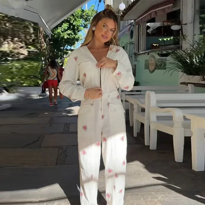 Elegant Print Women Jumpsuits Fashion Long Sleeve V-neck Zippers Female Overalls 2026 Summer Autumn All-match Lady Outfit New