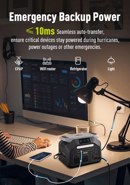 IEE P1800 Portable Power Station 1800W(3600W Surge) 1024Wh EV Grade LiFePO4 Battery Solar Generator, 220V EU Socket Pure Sine Wave, WiFi App Monitor, UPS Uninterruptible Power Supply for Outdoor Camping Road Trip Home Power O