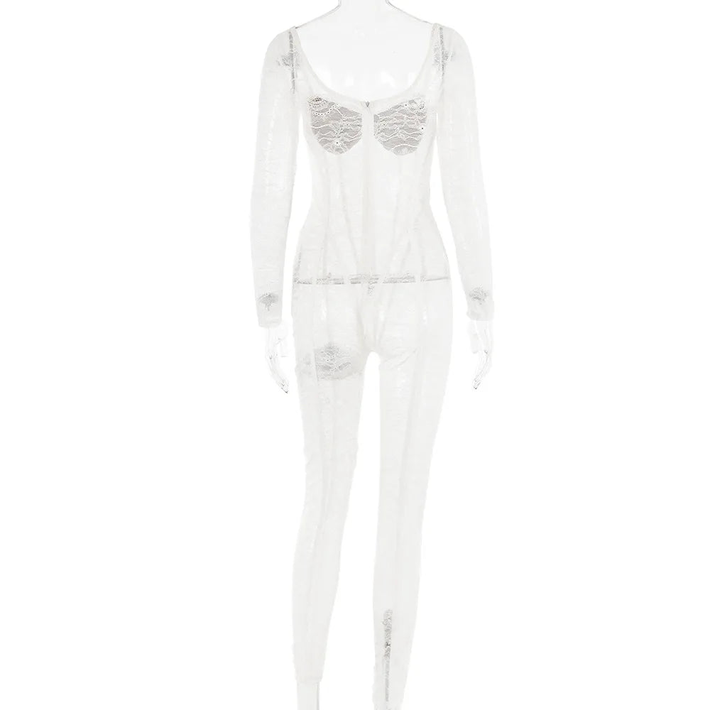 Cryptographic Sheer Lace Hollow Out Sexy Jumpsuits Zip Up Backless Outfits Women Unitards Square Neck Romper Overalls One Piece