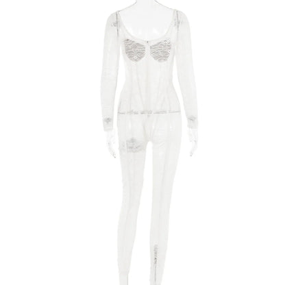 Cryptographic Sheer Lace Hollow Out Sexy Jumpsuits Zip Up Backless Outfits Women Unitards Square Neck Romper Overalls One Piece