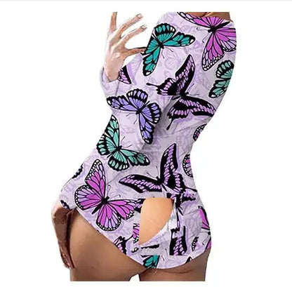Adult Long Sleeve Pajamas Button Flip Cover Women's 1Piece Loungewear Butt Button Back Flap Jumpsuit Sleepwear Romper Home Wear