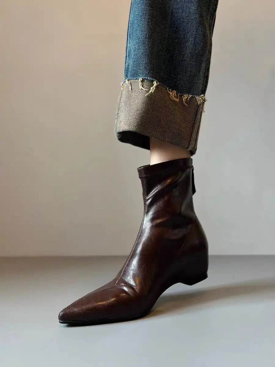 Flats Women's Ankle Boots Luxury Pointed Toe Leather Shoes Winter Sexy Short Boots 2025 Elegant Dress Chelsea Boots Mujer Shoes