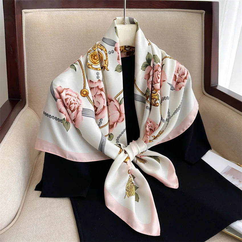 90cm Floral Print Silk Square Scarf Women Luxury Brand Satin Shawls Neckerchief Wrap Scarves Bandana Hair Hjiab Bohemian Style