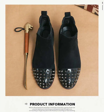 New Brown Men Chelsea Boots Flock Rivet Square Toe Red Sole Punk Handmade Men Short Boots  Bottes Pour Hommes