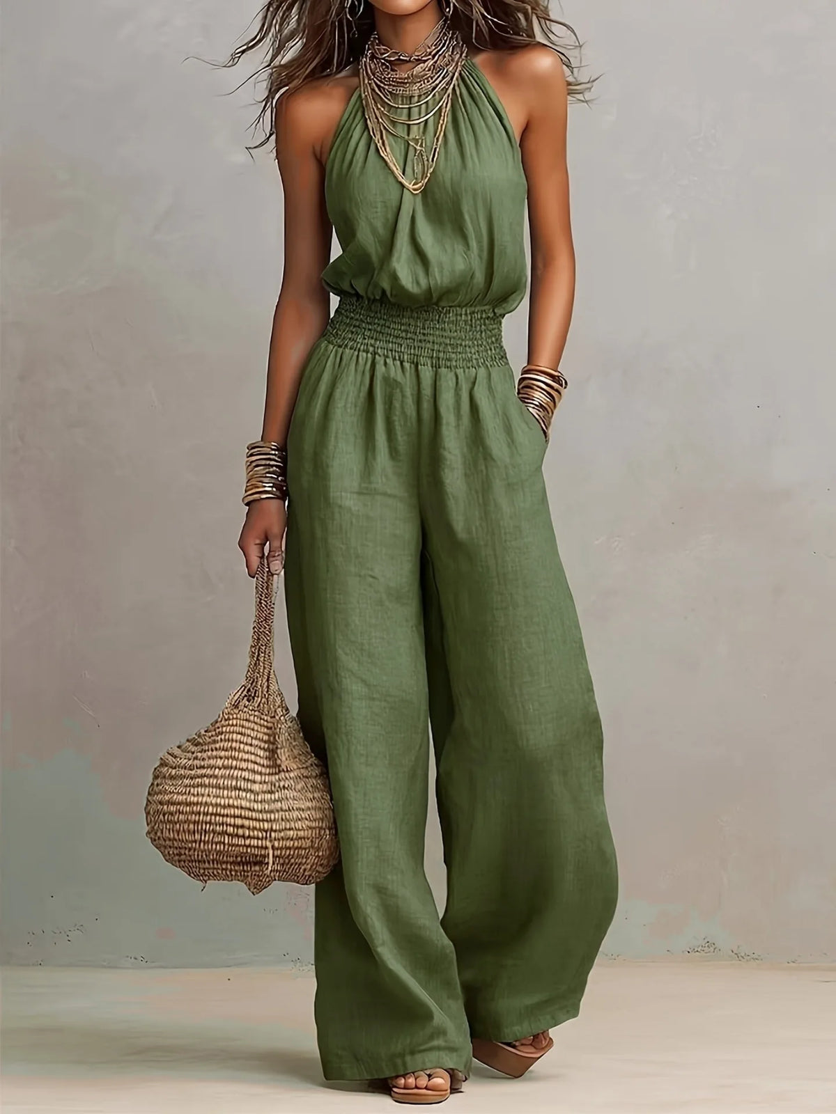 Women's Halter Neck Smocked Linen Blend Jumpsuit Waist Wide Leg Long Romper Casual Sleeveless Summer Beach Vacation Jumpsuits