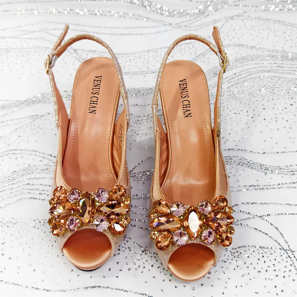 Elegant Orange Color 2025 Rhinestone High-Heels Shoes & Handbag Set – Luxury Wedding & Party Accessories