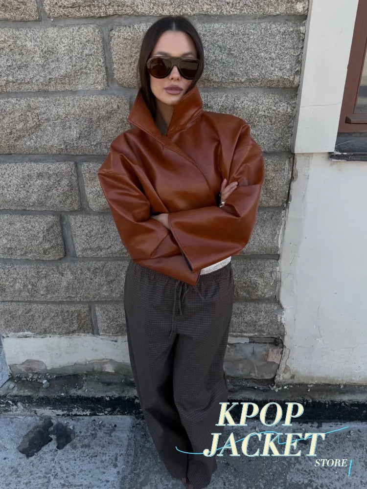 Women Cropped PU Leather Jacket Stand Collar Wide Flare Sleeve Asymmetrical Wrap Open Front Coat 2026 Autumn Chic Loose Jackets