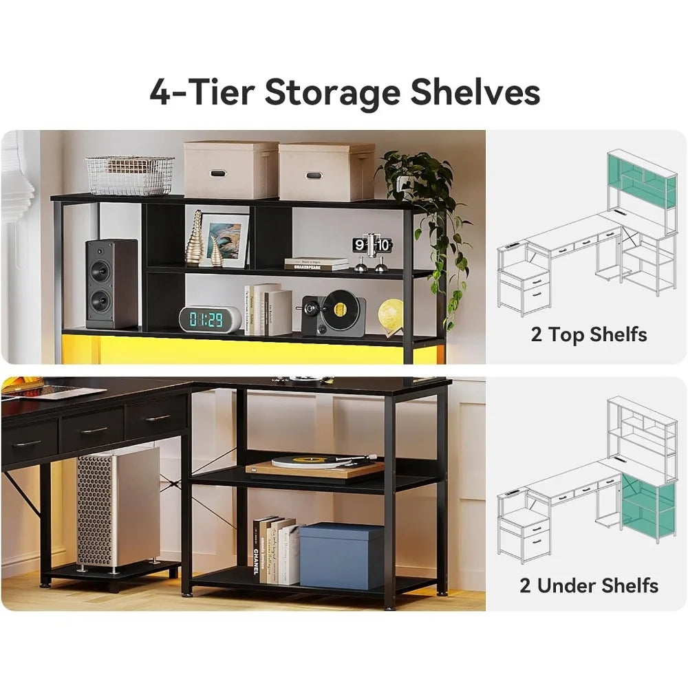 79 Inch L Shaped Desk with 5 Drawers, LED Light and 2 Outlets for Home Office