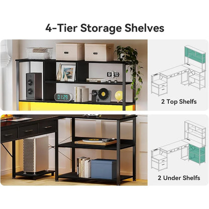 79 Inch L Shaped Desk with 5 Drawers, LED Light and 2 Outlets for Home Office