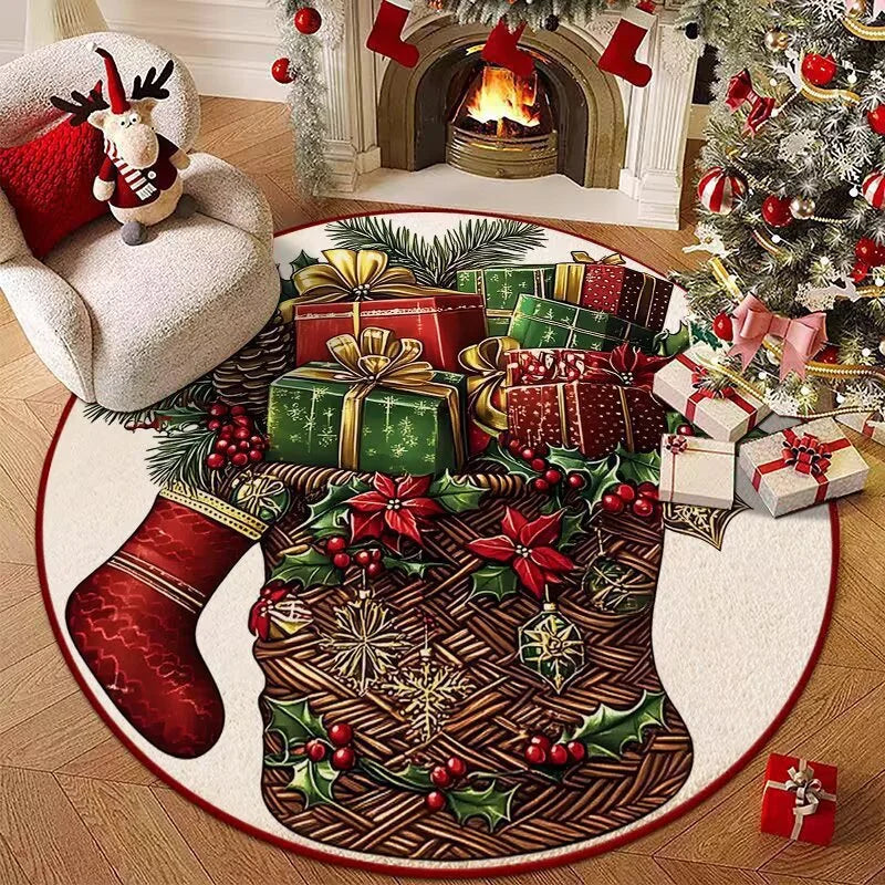 Christmas Style Living Room Decoration Red Carpet Round Rugs for Bedroom Washable Lounge Soft Floor Mat Anti-slip Children's Rug