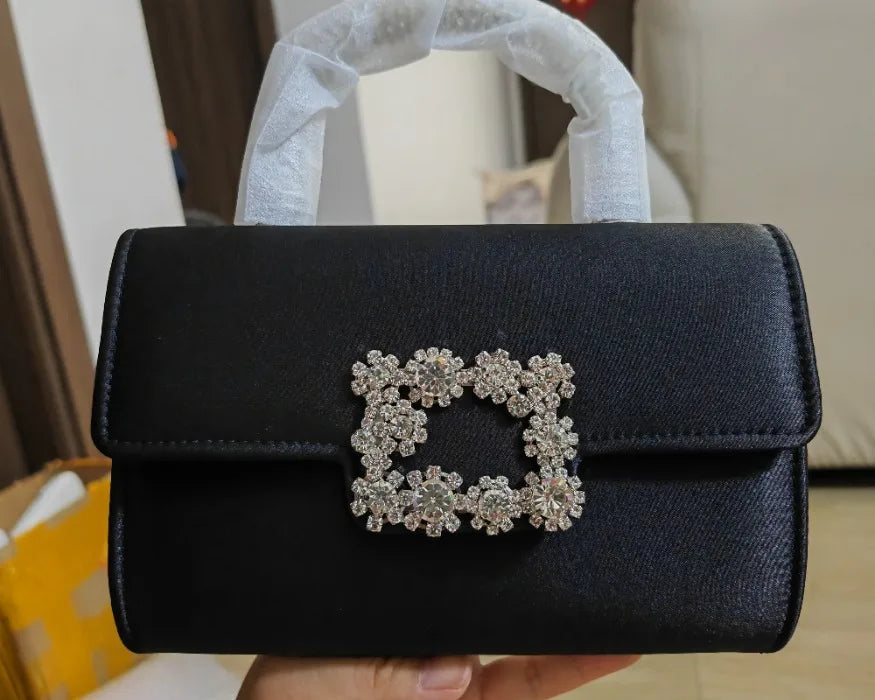 Rhinestone Faux Silk Emerald Evening Bag Silver Diamond Buckle Handle Fashion Handbags Elegant Ladies Square Bolsa Feminina
