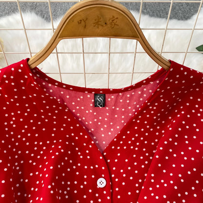 Summer Women Polka Dot Long Dress Vintage V-Neck Flying Sleeve High Waist Single Breasted A-Line Casual Vestidos Female Robe New