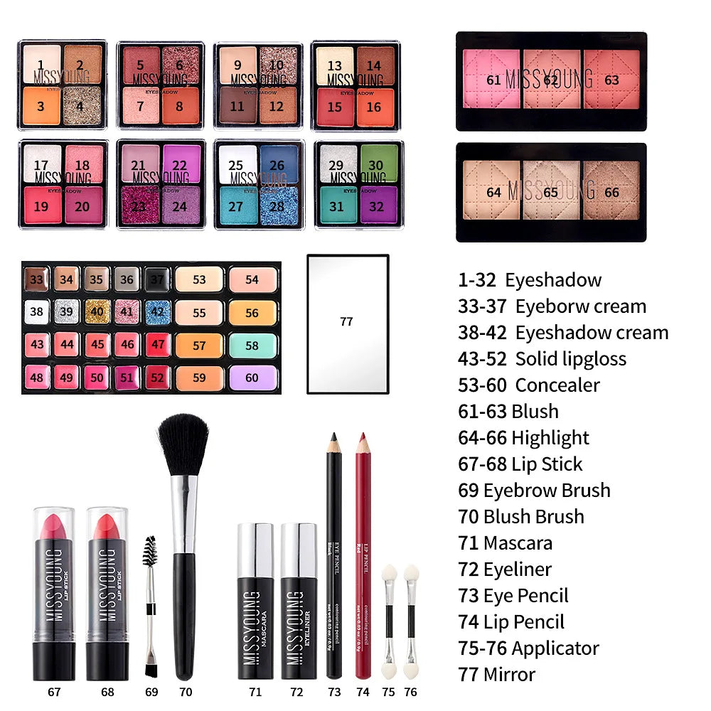 Portable Makeup Case Set Eyeshadow Lipstick Eyeliner Lip Liner Blush Complete Facial Cosmetic Kit, Ideal Holiday Gift Makeup Set