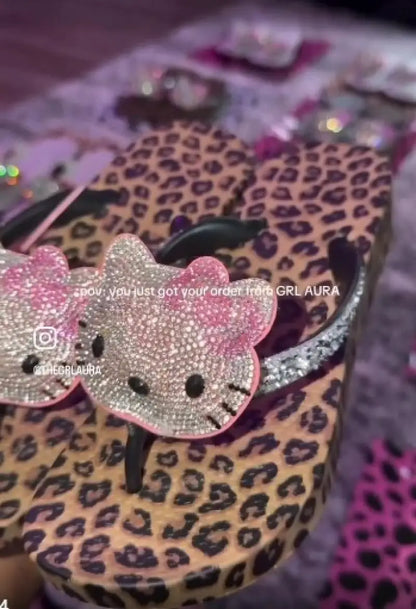 Hello Kitty Rhinestone Flip Flops Leopard Print Y2K Women Bling Non-Slip Summer Beach Casual Thong Sandals Indoor Outdoor
