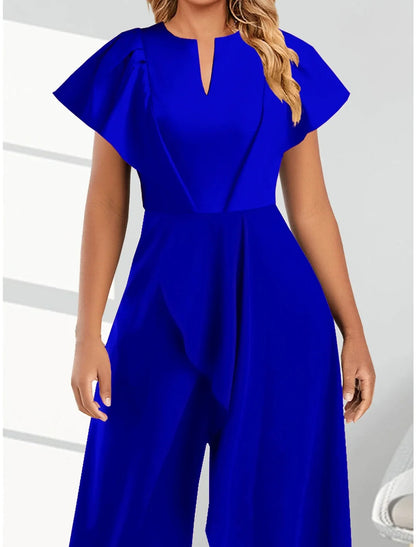 2024 Summer New Elegant Women's V-neck Irregular Jumpsuit Solid Color Short Sleeved Long Style Banquet Women's Jumpsuit