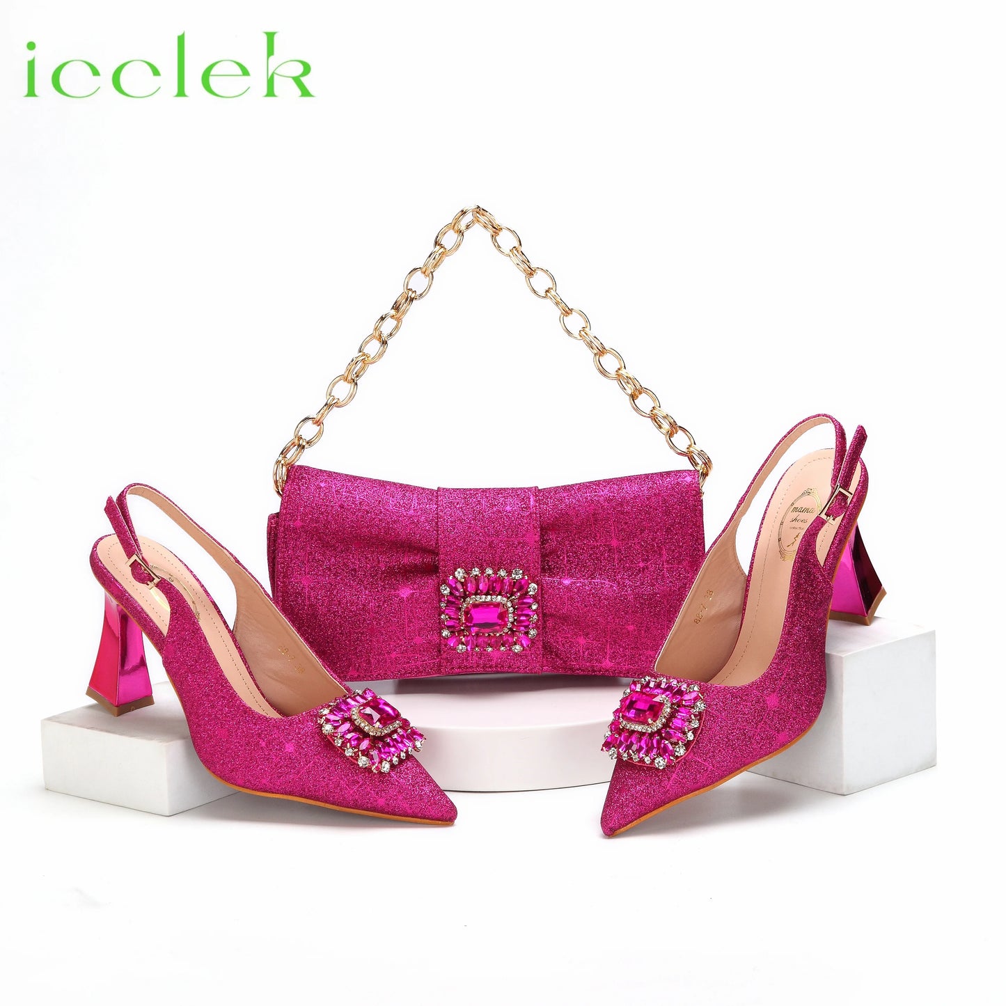 Women High Heels Sandals Shinning Material with Rhinestone Italian Design T.Blue Color Pointed Toe Shoes and Bags Set