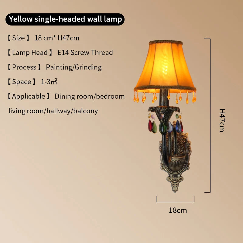 Retro American European Iron Art Red Cloth Crystal Wall Lamp for Hall Restaurant Bedroom Walkway Hotel Bar Decorative Wall Light