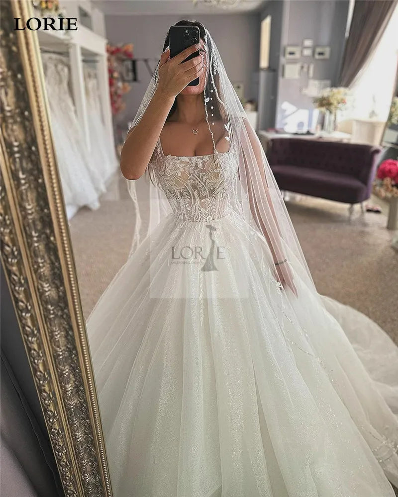 LORIE Luxury Lace Wedding Dresses A Line Square Neck Sleeveless Shiny Glitter Tulle Bride Dress Wedding Gowns Customize 2024