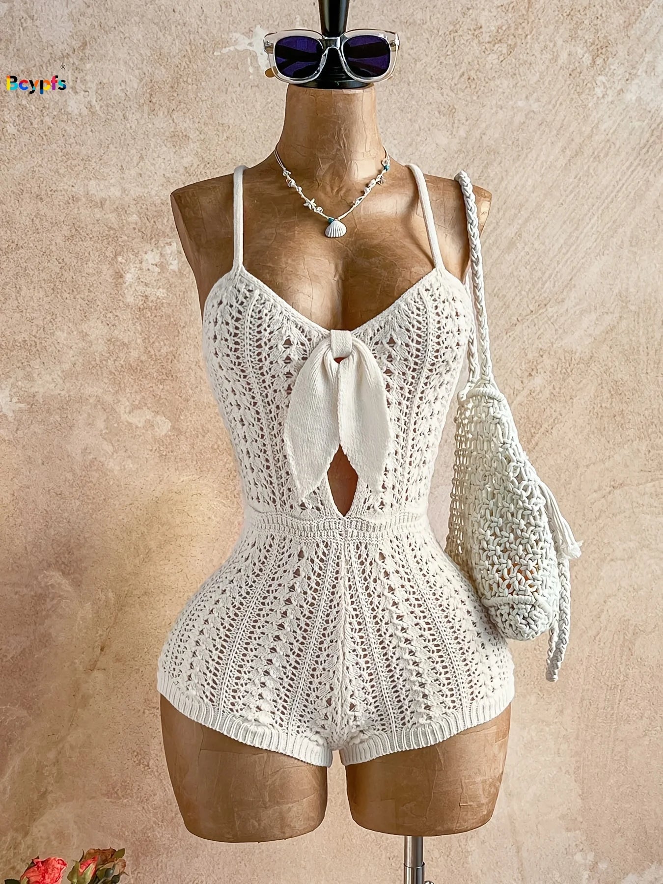 Boho White Crochet Romper for Women Front Tie Hollow Out Sleeveless Backless Knitted Playsuit Beach Holiday Outfit