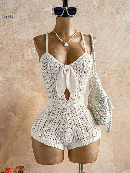 Boho White Crochet Romper for Women Front Tie Hollow Out Sleeveless Backless Knitted Playsuit Beach Holiday Outfit