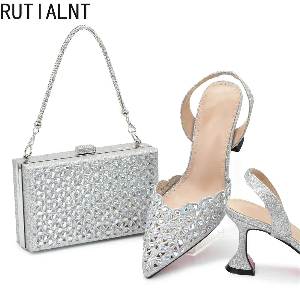 New Arrival Nigeria Women Designer Shoes and Bags Decorated with Rhinestone Wedding Italian Shoes Bag Set Pumps Women Luxury