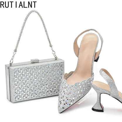 New Arrival Nigeria Women Designer Shoes and Bags Decorated with Rhinestone Wedding Italian Shoes Bag Set Pumps Women Luxury