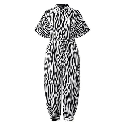 2025 Summer New Dot Leopard Print Jumpsuit Women Short Sleeve Leace-up Pocket Casual Jumpsuits Fashion Vintage Ladies Bodysuits