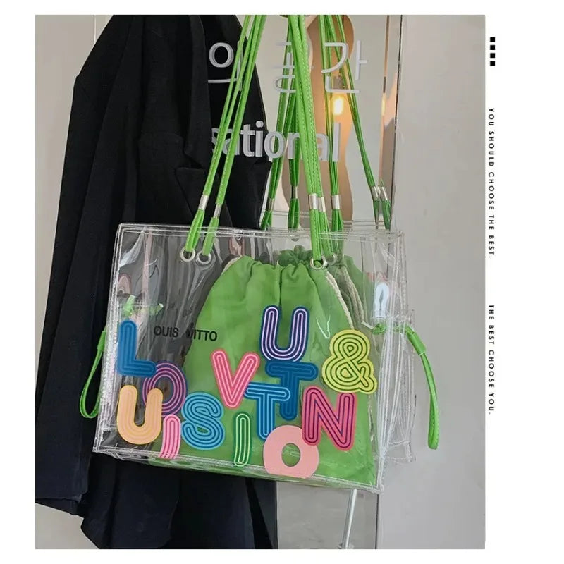 New FashionTransparent Tote Bag for Women Large Capacity Jelly Shoulder Handbag Versatile Casual Crossbody Bag for Spring Summer