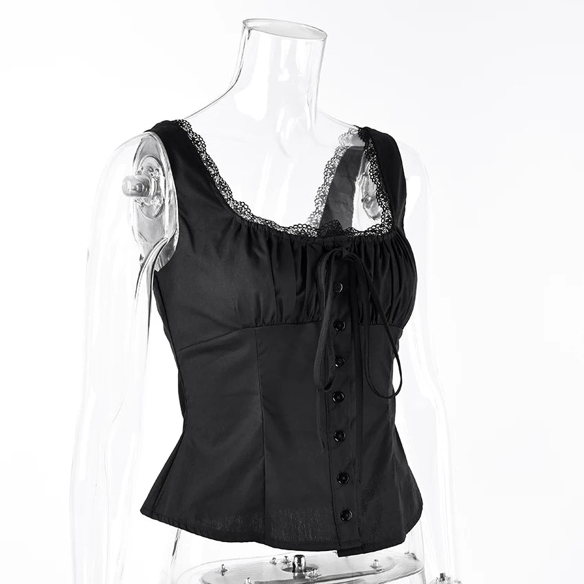 Linad Vintage Lace Square Collar Tank Top For Woman 2026 Street Chic Black Single Breasted Camisole Fashion Cotton Tops Spring