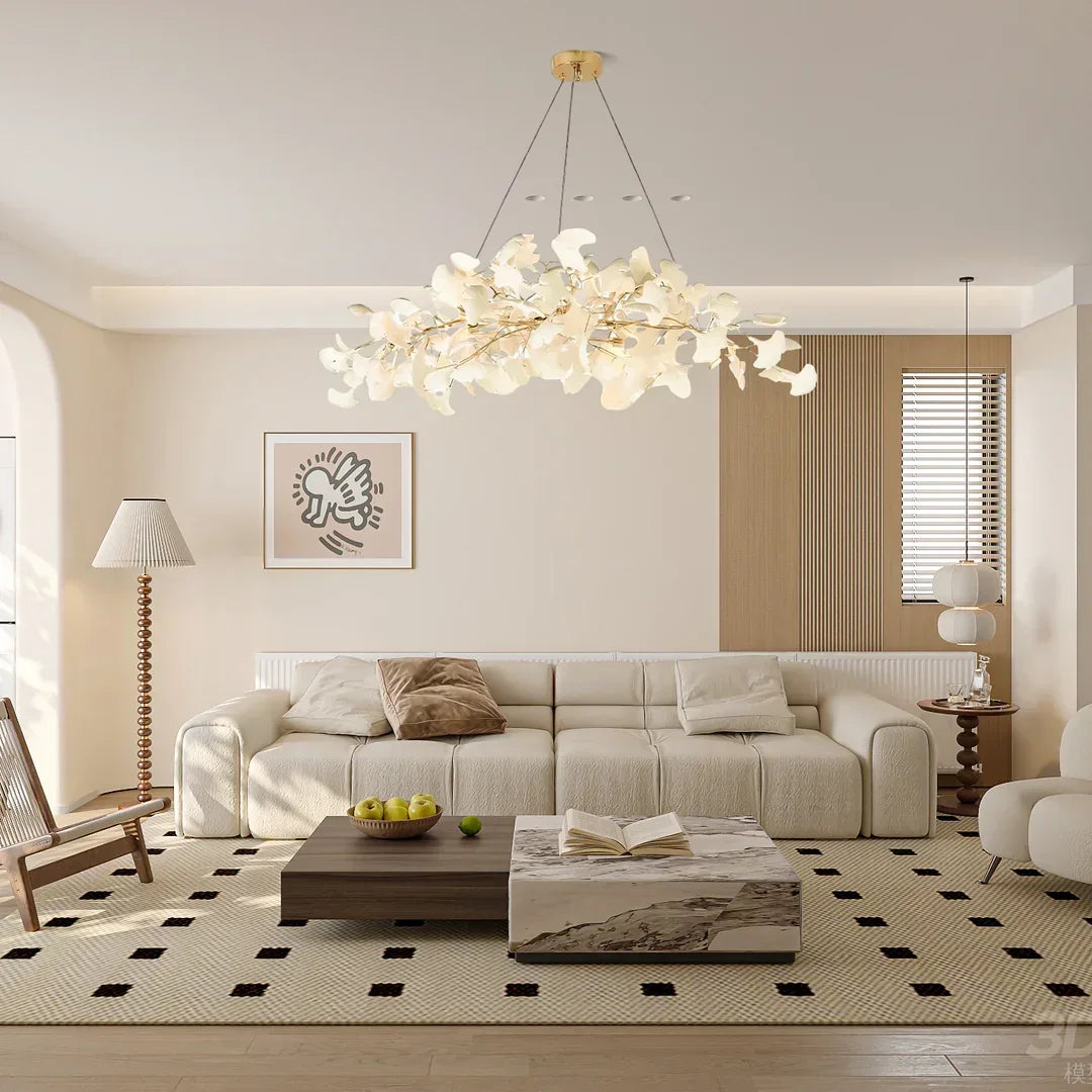 Modern Ceramics White Long Ginkgo Leaf LED Pendant Light Decoration Villa Living Room Ceiling Chandelier Indoor Hanging Lights