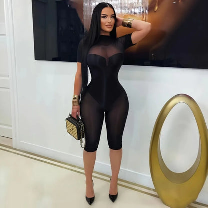 FLARORA Sexy Mesh See Through Rompers Woman Trend O Neck Short Sleeve Skinny Peach Hip Playsuits Stretch Midnight Party Clubwear
