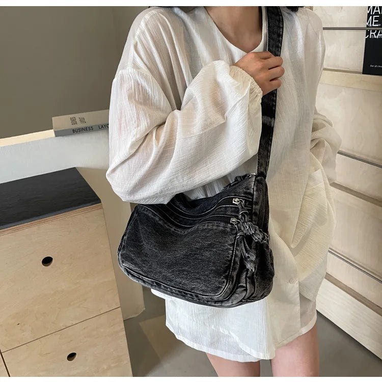 Vintage Denim Women's Shoulder Bag Large Capacity Messenger Bag Multi-pockets Satchel Bags Adjustable Strap Ladies Crossbody Bag