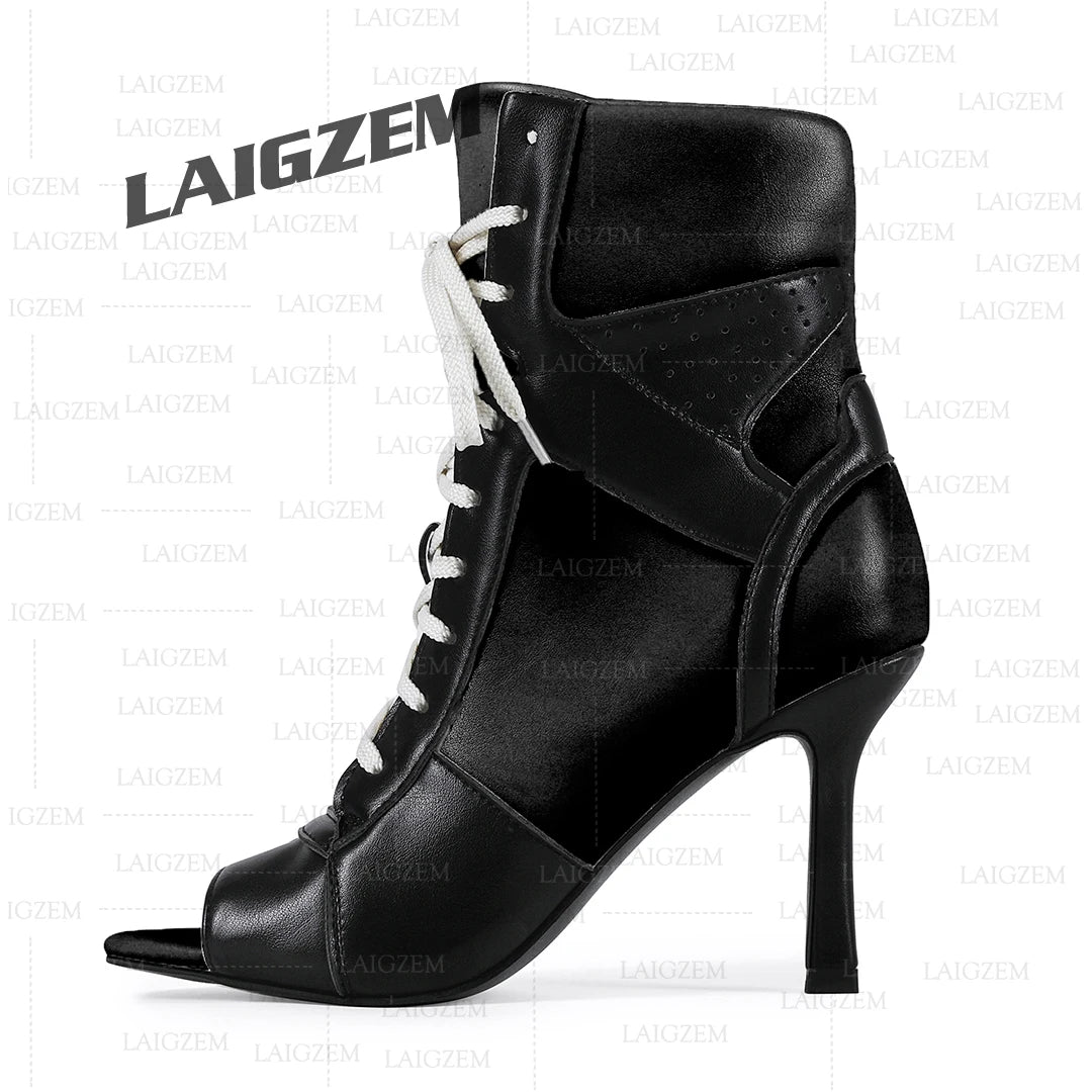 LAIGZEM Women Ankle Boots Patchwork Peep Toe Thin High Heels Boots Lace up Short Boos Ladies Handmade Shoes Woman Size 39 41 43