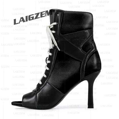 LAIGZEM Women Ankle Boots Patchwork Peep Toe Thin High Heels Boots Lace up Short Boos Ladies Handmade Shoes Woman Size 39 41 43