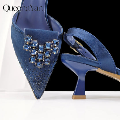 QueenaYan Elegant Navy Blue Handbag and Medium Heel Shoes Set with Beautiful Handmade Metal Decoration for Weddings and Parties
