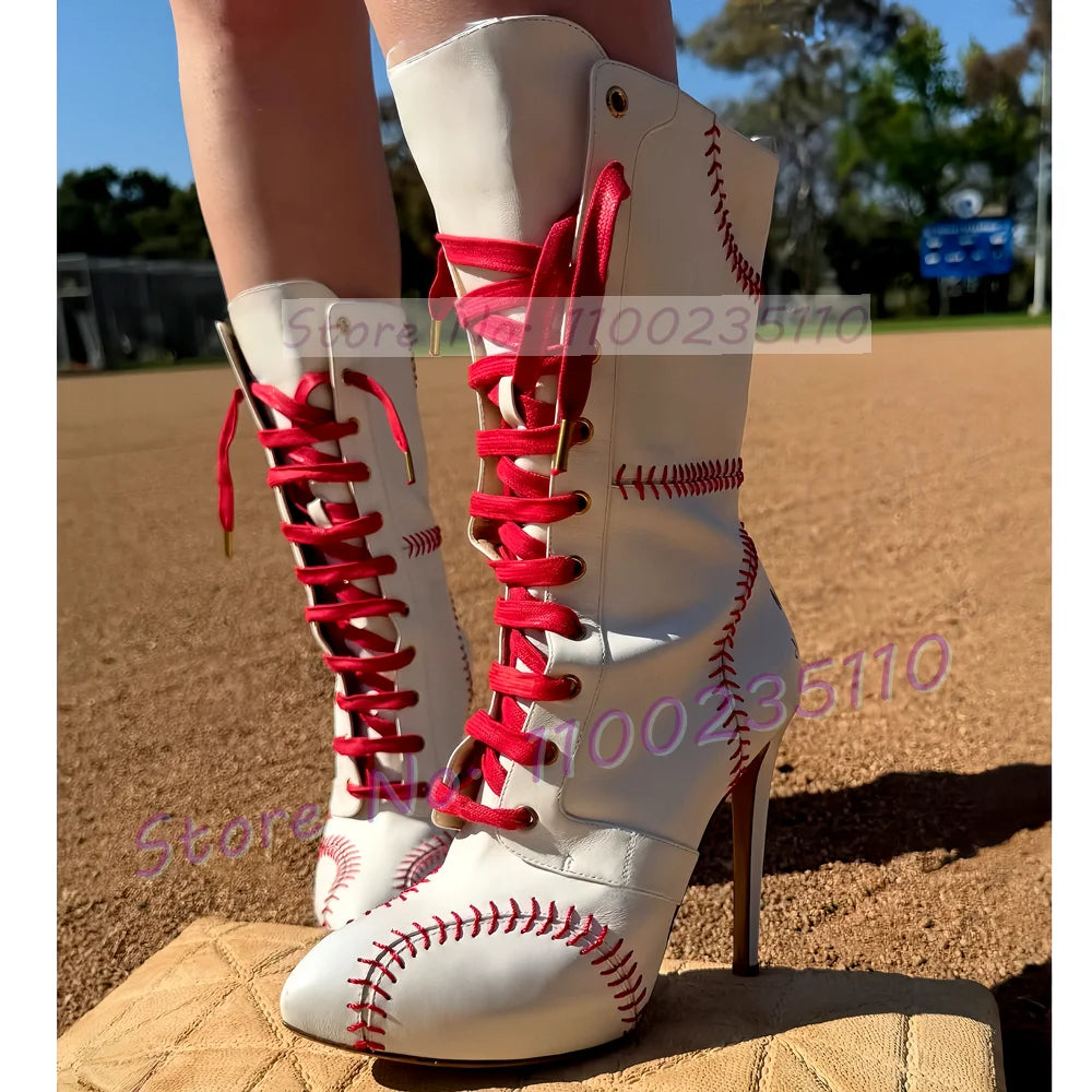 Baseball Sewing Design Stiletto Ankle Boots Women Round Toe Stylish White High Heel Boots Two Tone Splicing Cross Tied Shoes